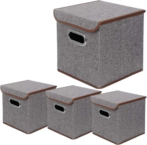 Miniatura 5 de Juego de 4 contenedores plegables de tela de lino con tapa, cajas organizadoras plegables, 10 x 10 x 10 pulgadas (beige)