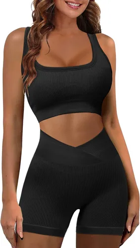 JZC Conjuntos de entrenamiento para mujer, 2 piezas, acanalados, sin costuras, pantalones cortos de cintura alta, trajes de yoga