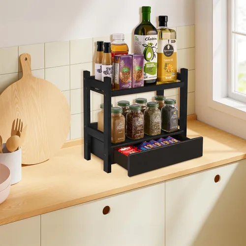 Miniatura 2 de Sorbus Organizador de encimera de baño de bambú, estante de 2 niveles con cajón oculto para tocador, estación matcha, organizador de fregadero