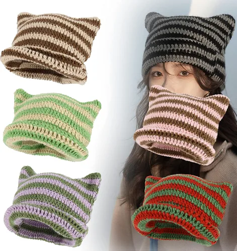 Miniatura 3 de Gorro de gato, gorro de oreja de gato, gorro holgado para mujer, gótico hecho a mano con ganchillo y 3 pinzas de pelo de estrella