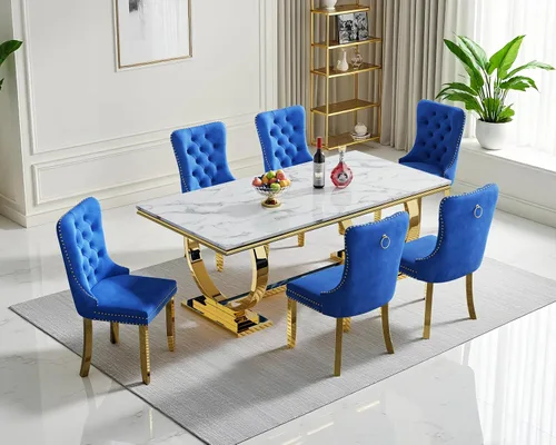 Miniatura 28 de Juego de mesa de comedor de mármol para 4, mesa de cocina rectangular de mármol blanco de 70 pulgadas con base en O de acero inoxidable dorado