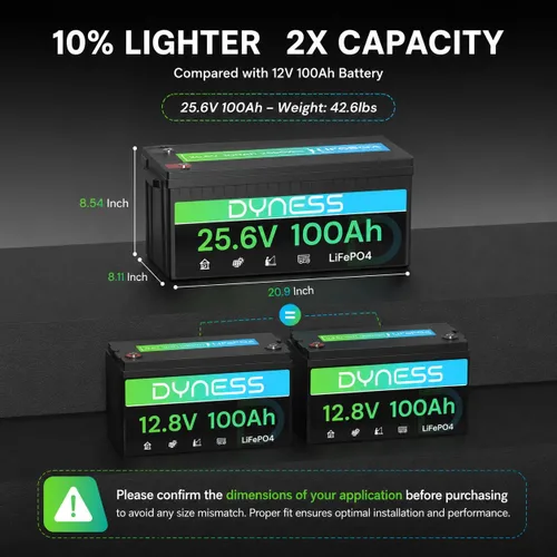 Miniatura 2 de Dyness Batería LiFePO4 de 24 V 100 Ah, batería de litio de 25.6 V con potencia de 2560 Wh, BMS integrado de 100 A con protección a baja temperatura