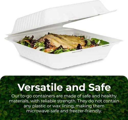 Miniatura 3 de Contenedores biodegradables para llevar de 9 pulgadas, paquete de 100, cajas compostables para llevar con tapa con bisagras integrada