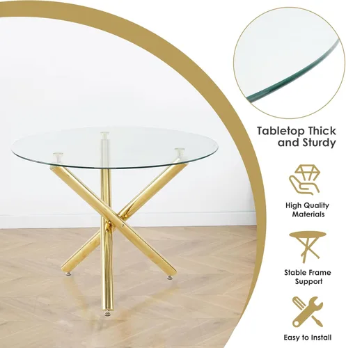 Miniatura 7 de Juego pequeño de mesa redonda con tapa de vidrio transparente para 2, 36'' Juego moderno de lujo para cenas circulares, 3 piezas Juego minimalista