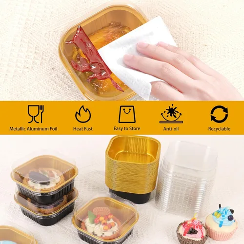 Miniatura 6 de FORBFAN Paquete de 150 mini moldes para pasteles de 10 onzas con tapas y cucharas, tazas cuadradas de postre de papel de aluminio negro y dorado