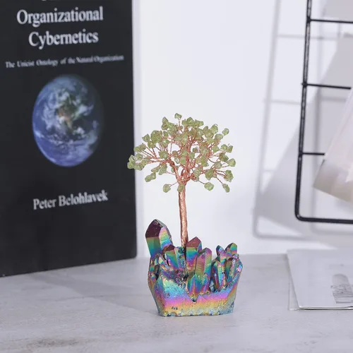 Miniatura 4 de Árbol de cristal de peridoto con base de cristales de titanio arcoíris, bonsái de dinero de reiki curativo para decoración de escritorio de oficina