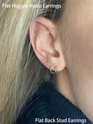 Miniatura 3 de Juego de aretes para múltiples piercings, 6 pares de aretes de aro pequeños chapados en oro de 14 quilates con parte trasera plana, aretes