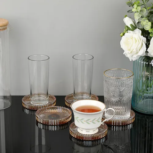 Miniatura 6 de JUXYES Juego de 5 posavasos de cristal tono ámbar redondos, tapetes para tazas de vidrio, posavasos para bebidas, café, té, vino, posavasos