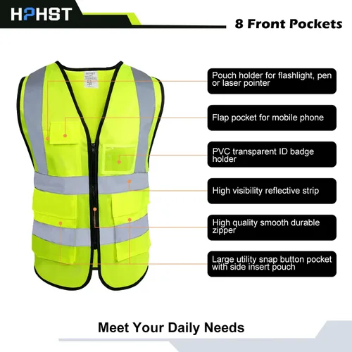 Miniatura 3 de 5 Pockets High Visibility Reflective Safety Vest,Zipper Front, Meets ANSI/ISEA Standards