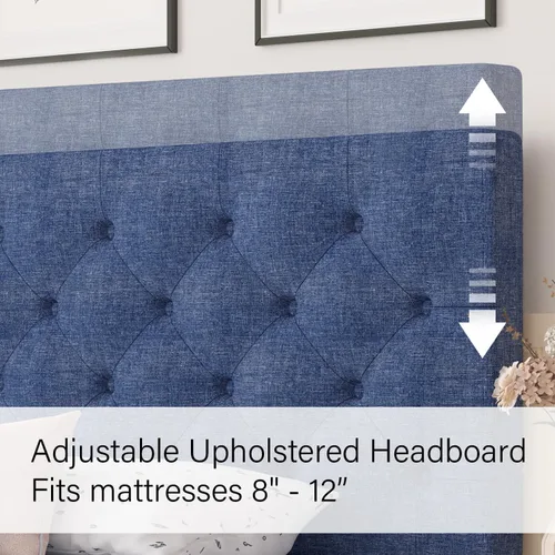 Miniatura 3 de HOMBCK Marco de Cama Queen con Cabecera Capitoné con Botones, Marco de Cama de Plataforma Tapizada Azul, Tela Suave/Soporte de Listones de Madera/No