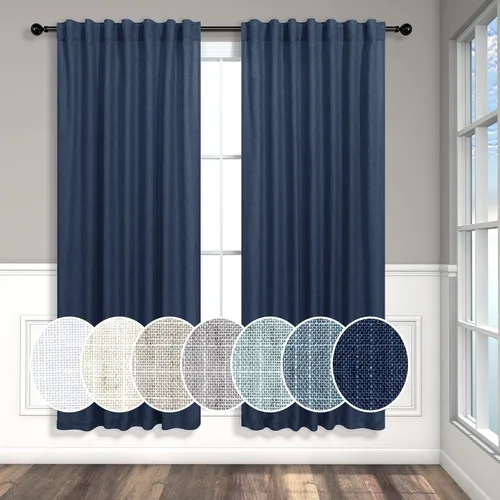 Miniatura 61 de Cortinas de lino azul de 84 pulgadas de largo para sala de estar; juego de 2 paneles con lengüeta trasera; cortinas con dobladillo para barra; Azul