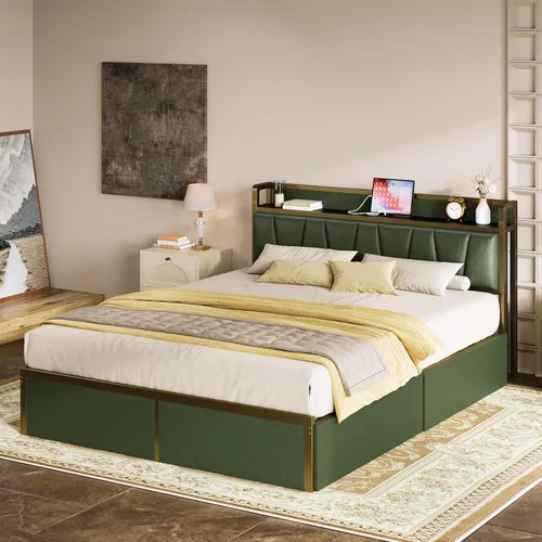Miniatura 6 de LIKIMIO Armazón de cama Queen con 4 cajones de almacenamiento, cama de plataforma con cabecera con carga, resistente y estable, sin ruido, no Verde