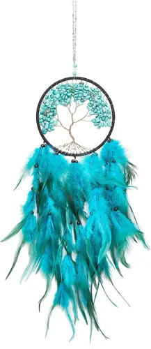 Pretty Jolly Atrapasueños de árbol de la vida azul aguamarina, decoración de pared con piedra de cristal curativo, hecha a mano, plumas azules y