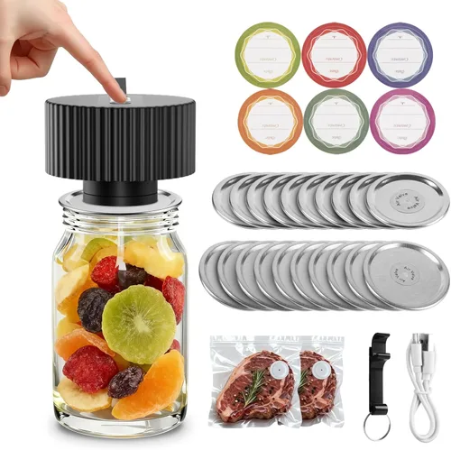 Kit de sellado al vacío eléctrico de tarros Mason de un solo toque, para tarros Mason de boca ancha y regular, sellador al vacío portátil para Negro
