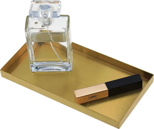 Freelove Bandeja de Tocador de Metal Dorado con Lijado y Letras, Organizador de Perfumes, Soporte para Joyas, Plato para Maquillaje, Bandeja