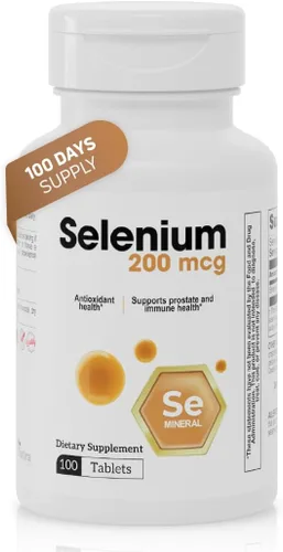 Tabletas de selenio de 200 mcg - Suplemento antioxidante de selenio - Apoya la salud inmune y de la próstata - Suplemento de selenio para hombres y