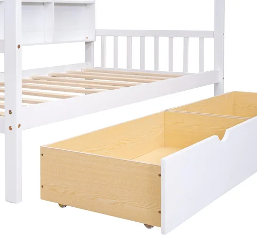 Miniatura 7 de SOFTSEA Cama de casa de tamaño individual para niños, sofá cama de madera con cajones de almacenamiento, marco de cama individual con estantería