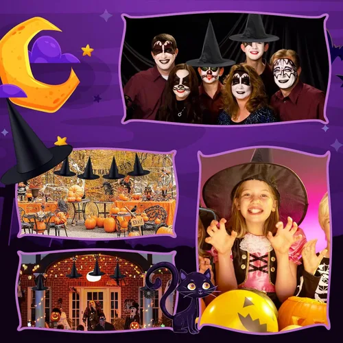 Miniatura 7 de ZeeDix 8 sombreros de bruja de Halloween para colgar en interiores, sombrero de bruja flotante negro con cuerda colgante de 98 pies, accesorios