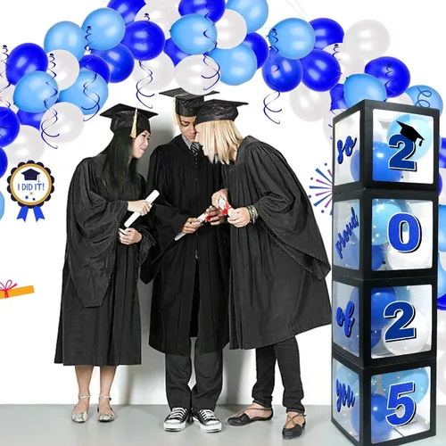 Miniatura 3 de Decoraciones azules para fiestas de graduación 2026, cajas de globos de graduados – 4 cajas de globos negros con 4 cuerdas de luz y letras 2026 Grad