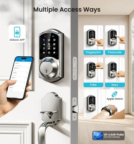 Miniatura 2 de Veise VE07 Cerradura inteligente de puerta con huellas dactilares, cerrojo de seguridad sin llave de 7 en 1 con control de aplicación, teclado