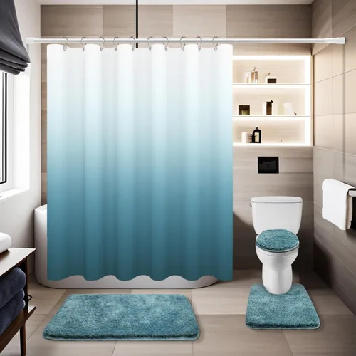 Juego de 4 cortinas de ducha color aguamarina con alfombras, juegos de baño sólidos con cortina de ducha y alfombras y cubierta de tapa de inodoro