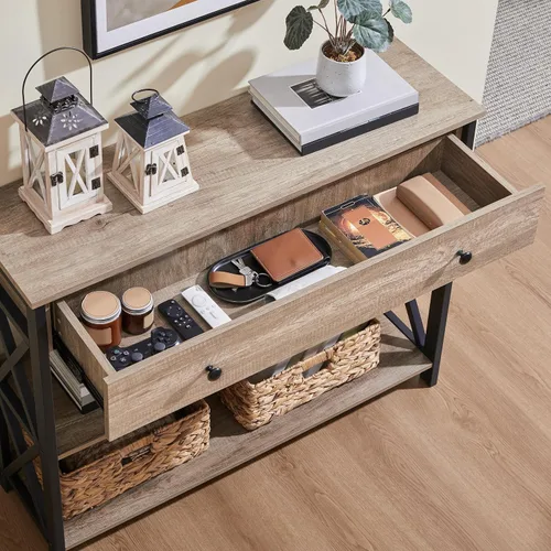 Miniatura 7 de Yaheetech - Consola con cajón, mesa de entrada con 3 repisas de almacenamiento, mesa estrecha larga para entrada, sala de estar, pasillo, sofá, Gris