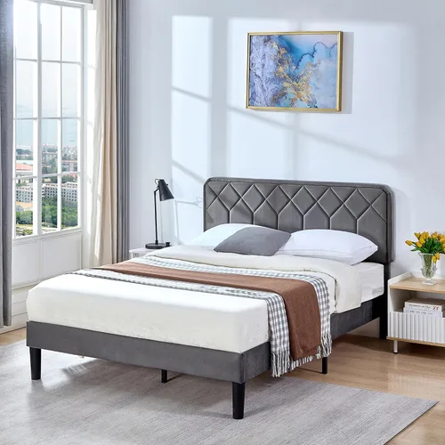 Miniatura 5 de VECELO Base de cama tamaño Queen con plataforma tapizada de cuero de alta calidad con cabecera ajustable en altura / base de colchón, soporte