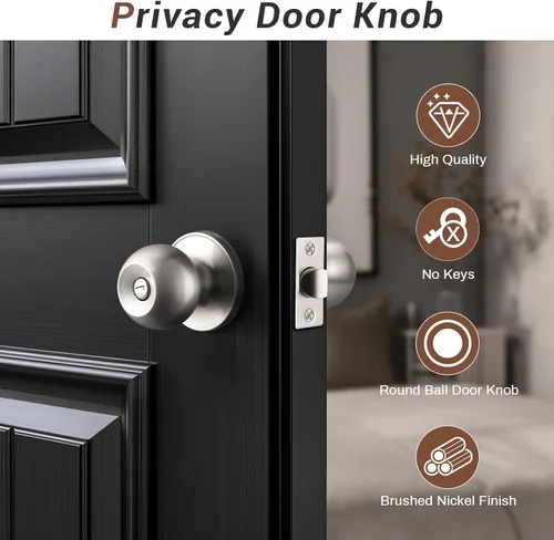 Miniatura 2 de Knobonly Paquete de 2 Pomos de Puerta de Níquel Satinado para Dormitorio/Baño Juegos de Puertas de Privacidad Herrajes Manijas de Puerta Interiores