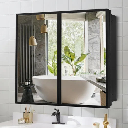 Movo - Gabinete de medicina de baño de 30 x 27 pulgadas con marco de metal negro estilo casa de campo, empotrado o de superficie, con espejo