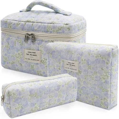 Miniatura 10 de Set de bolsas de maquillaje, bolsa de maquillaje acolchada, bolsa de cosméticos floral grande para mujeres, lindas bolsas de maquillaje de algodón