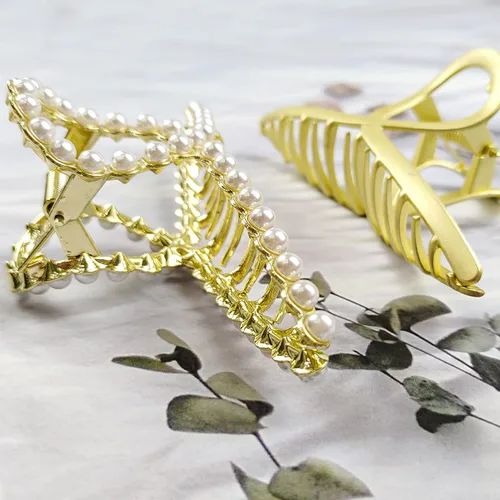 Miniatura 4 de Pinzas de metal grandes para el cabello para mujeres con perlas de 4.3 pulgadas, pinzas antideslizantes para el cabello grueso roscado, pinzas