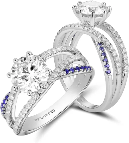 DovEggs Anillo de compromiso solitario de moissanita de corte de color G-H-I de 2 quilates, vástago dividido torcido, moissanita cruzada y zafiro