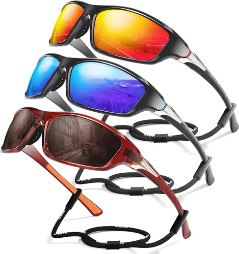 Miniatura 30 de Paquete de 3 lentes de sol deportivos polarizados para hombres, gafas de sol masculinas envolventes con protección UV para ciclismo, pesca