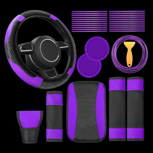 Riakrum 30 piezas de accesorios para automóvil, juego de color púrpura y negro, funda de cuero PU para volante, accesorios para interior de