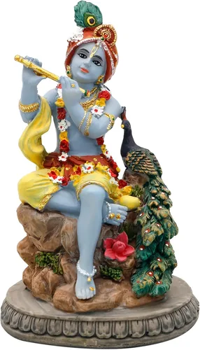 alikiki Estatua hindú de Krishna de Dios Krishna – 5.5 pulgadas de alto indio Señor Krishna ídolo toca la flauta con artículo Murti pavo real Murti