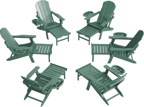Miniatura 13 de FOOWIN Silla Adirondack plegable ajustable con otomana retráctil, silla Adirondack de polietileno de alta densidad con bandejas 4 en 1, resistente a