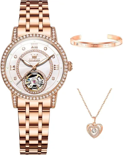 Miniatura 2 de OLEVS Reloj de pulsera automático con diamantes Tourbillon de lujo de acero inoxidable, impermeable, luminoso, para regalo de mujer, oro rosa, azul