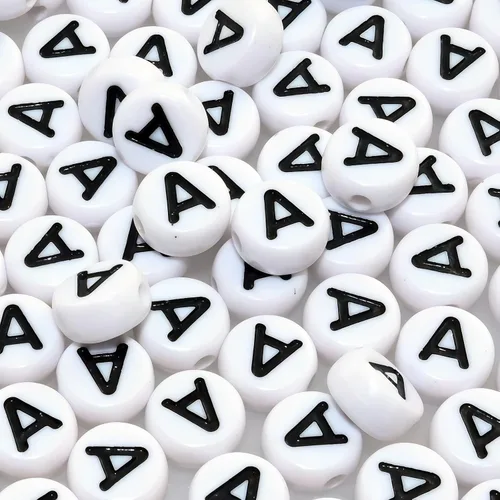 Amaney - Cuentas de vocal A, 100 piezas de 0.276 x 0.157 in, blanco, redondo, acrílico, negro, alfabeto para fabricación de joyas Black-a