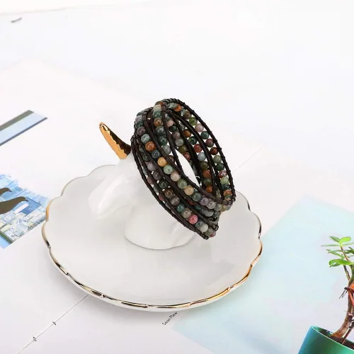 Miniatura 5 de Emibele - Pulsera de piel con capas, remache con estampado de leopardo, estilo bohemio, de capas múltiples, hecha a mano, con cuentas de cristal