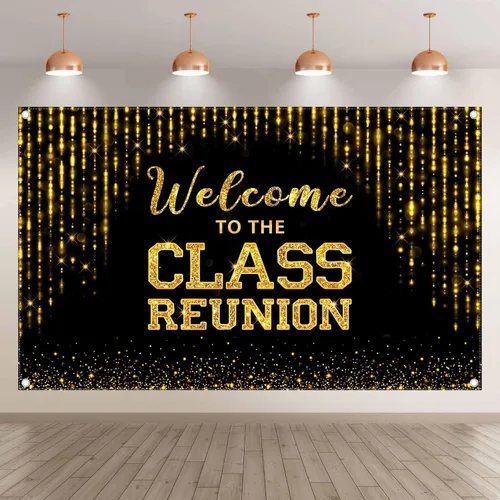 Miniatura 2 de Telón de fondo dorado de 96 x 60 pulgadas con texto en inglés "Welcome to the Class Reunion 20th 30th 40th Reunion Fotografía Fondo de Fiesta