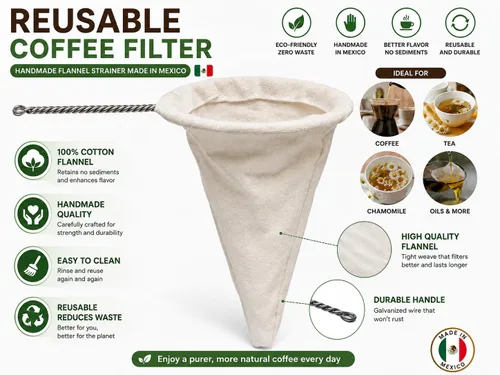Miniatura 2 de Filtro para café y té. Filtro de café de tela de franela. Hecho a mano de algodón virgen. Filtro fácil de usar hecho para aquellos que disfrutan