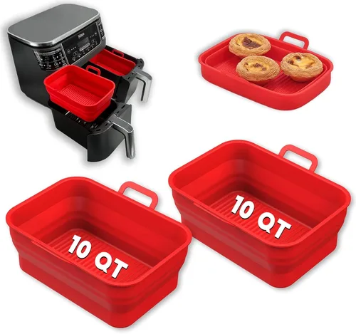 Miniatura 8 de Paquete de 2 sartenes plegables de silicona para freidora de aire para NINJA Foodi Dual de 8 y 10 cuartos, olla de cesta rectangular reutilizable