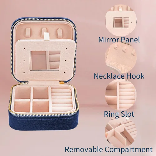 Miniatura 3 de Joyero de terciopelo de viaje con espejo, mini estuche de regalo para mujeres y niñas, pequeñas cajas organizadoras portátiles para anillos, aretes