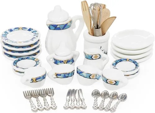 Miniatura 2 de Odoria 1/12 Juego de té de porcelana en miniatura Platos y cubiertos Utensilios de cocina Accesorios para casa de muñecas, azul mediterráneo