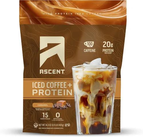 Ascent Proteína en polvo de café con caramelo helado - Proteína de alto contenido, 20 g de proteína y 100 mg de cafeína de café colombiano premium,