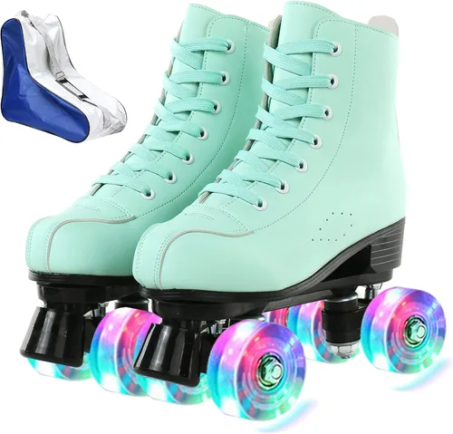 XUDREZ - Patines de dos líneas de ruedas para mujer, de piel sintética, color verde, para principiantes, para interiores y exteriores, con bolsa de