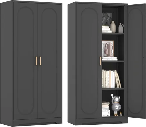Armario de almacenamiento de metal negro con puerta, armario de despensa de cocina con 3 estantes ajustables, armarios de almacenamiento de 60