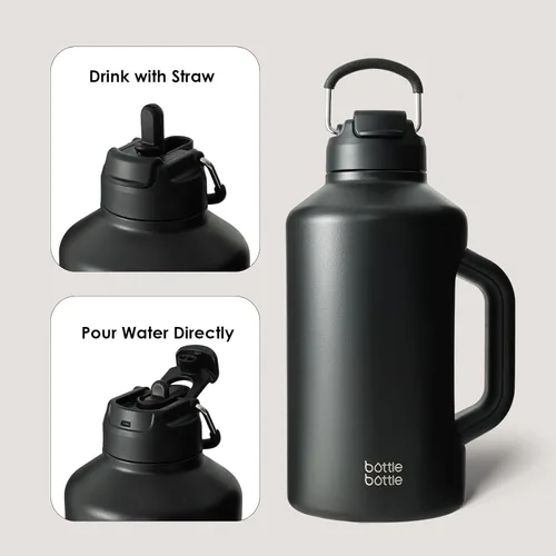 Miniatura 5 de BOTTLE BOTTLE Botella de agua aislada de 64 onzas con popote y tapa de doble uso, jarra de medio galón para hombres con asa, botella de agua de Negro