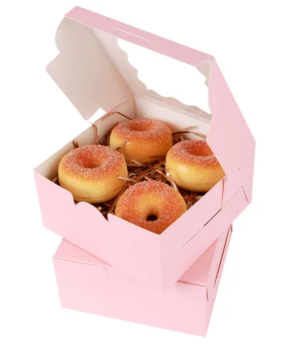 Miniatura 4 de qiqee Caja de panadería rosa con ventana, 100 paquetes de 6 x 6 x 3 pulgadas, cajas de galletas rosas para pastelería para bodas, cumpleaños