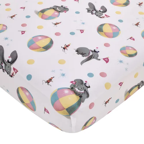 Disney Vintage Dumbo - Sábana bajera ajustable para cuna, color gris, blanco y multicolor, con diseño de banderas de circo, bolas y Timothy Mouse